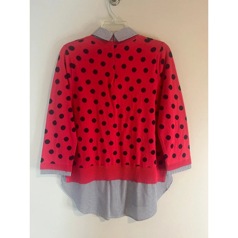 Crown & Ivy Red Polka Dot Striped Mixed Media Layered Sweater Top Medium - Picture 5 of 8
